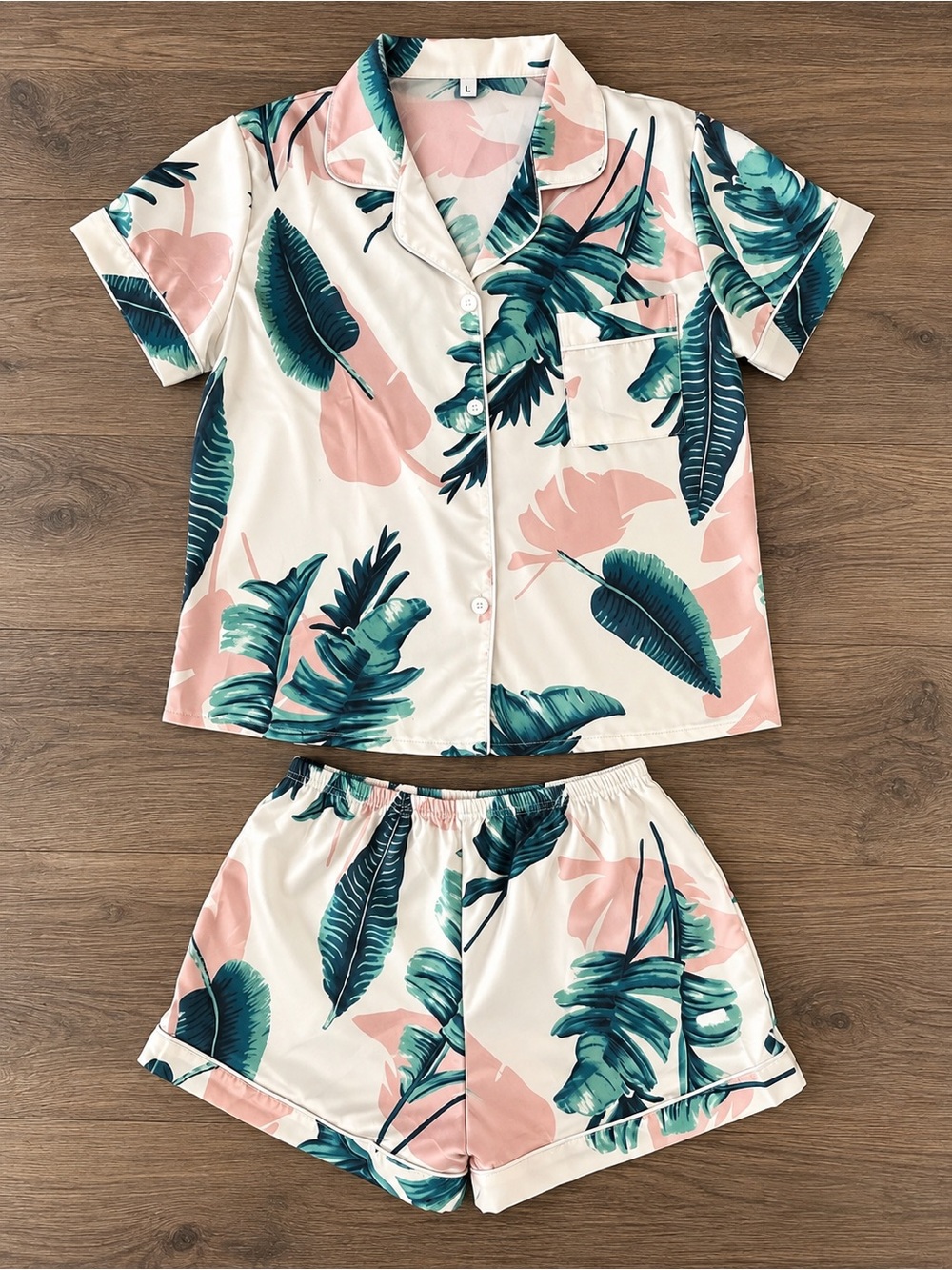 Tropical Leaf Print Pajama Set - Pink & Teal